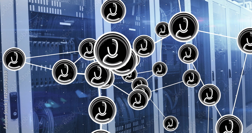 Poster image of data processing and media icons over server room