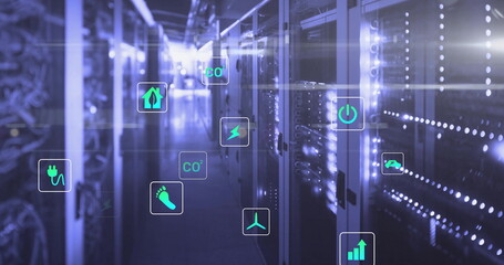 Image of light spots and ecology icons over server room