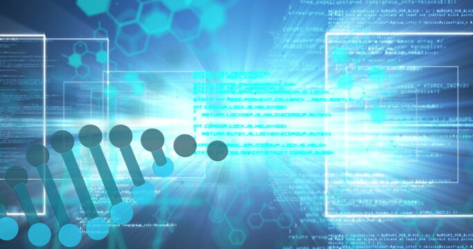 Image of dna strand over chemical formula and data processing