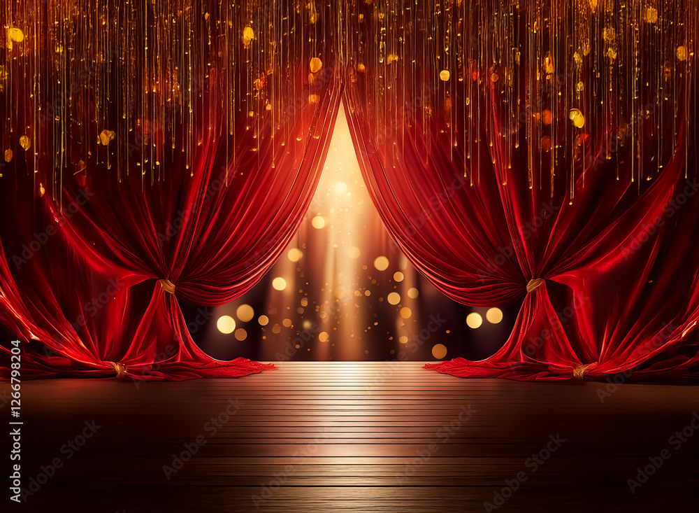 Poster elegant red stage curtains partly open, revealing golden light. bokeh creates a magical atmosphere. 