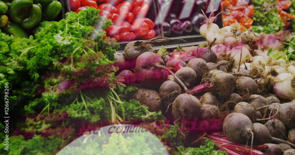 Poster image of charts processing data over vegetables in shop display