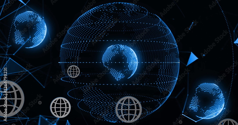 Poster image of globe and digital data processing over black background
