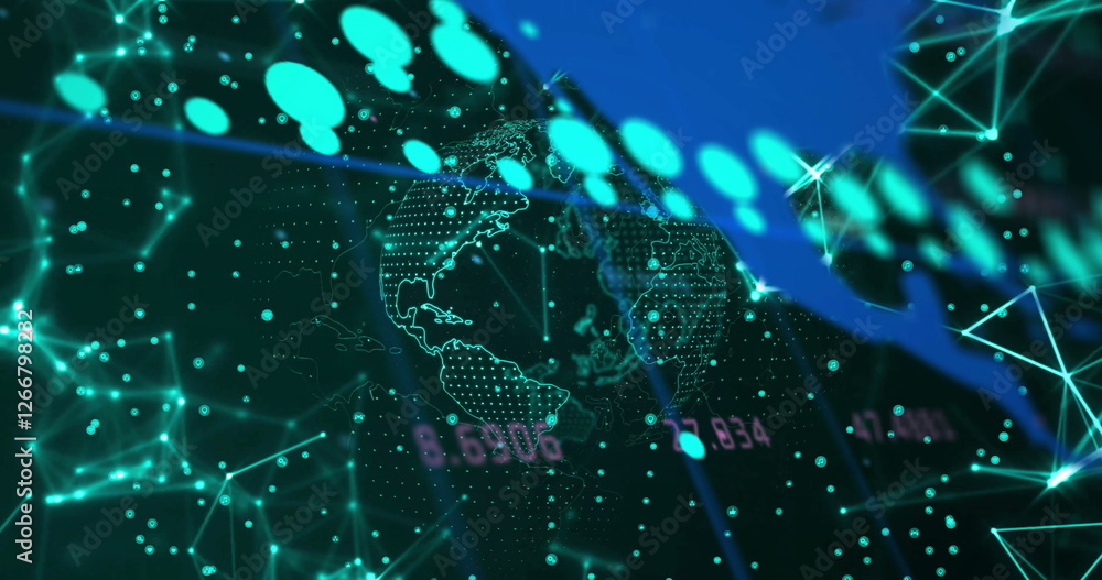 Poster image of globe and digital data processing over black background