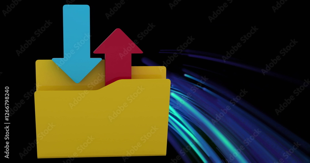 Poster image of in and out folder and digital data processing over light trails on dark background