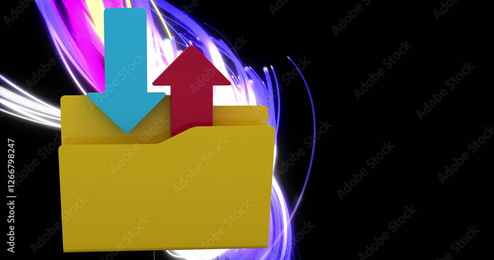 Poster image of in and out folder and digital data processing over light trails on dark background