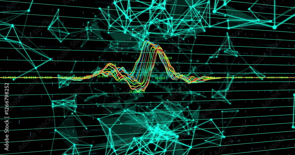 Poster image of connections and digital data processing over black background
