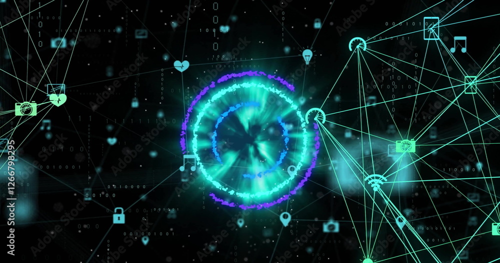 Poster image of scope and networks of connections with icons over black background