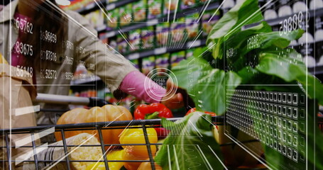 Image of processing data over caucasian woman with vegetables in shopping cart