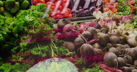 Image of charts processing data over vegetables in shop display