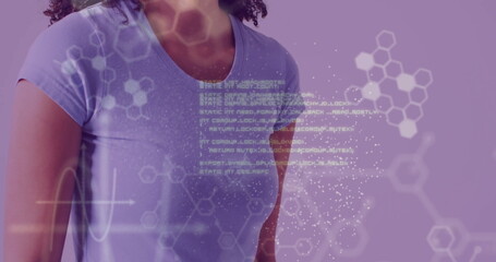 Image of dna, elements and medical data over sick biracial woman feeling neck glands