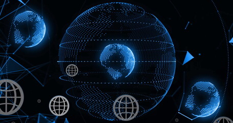 Image of globe and digital data processing over black background