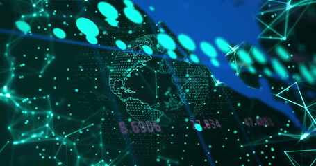 Image of globe and digital data processing over black background