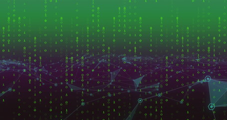 Image of binary coding data processing with glowing neon light trails