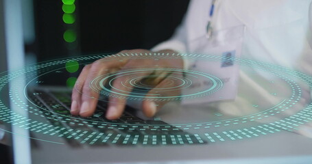 Image of digital data processing over african american it female engineer by computer servers