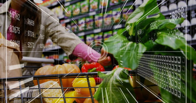 Image of processing data over caucasian woman with vegetables in shopping cart - Powered by Adobe