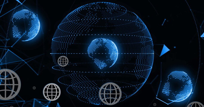 Image of globe and digital data processing over black background