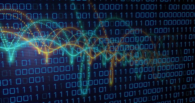 Image of binary coding data processing with glowing neon light trails
