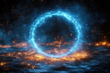 Abstract glowing circle ring on dark background with fire effects, sparks, and water reflections