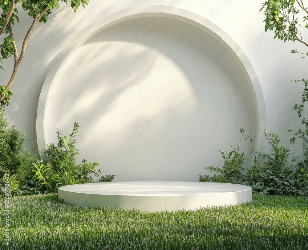 Poster 3d rendering of an empty podium with green plants on the grass and a circular arch wall background f