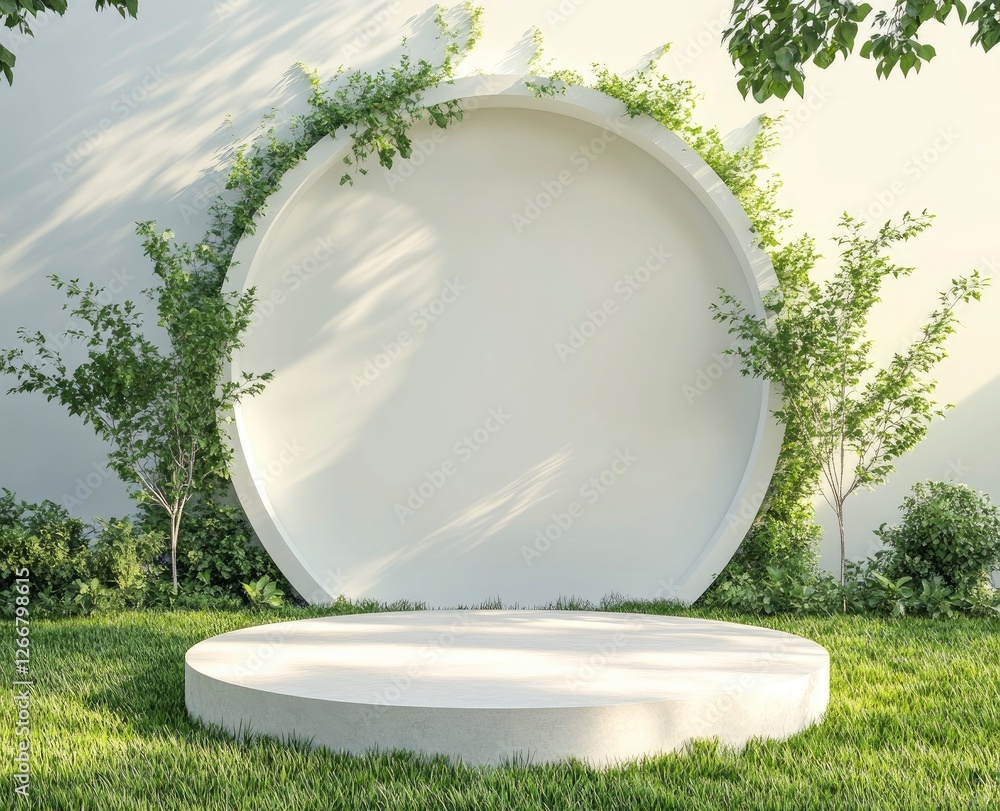 Poster 3d rendering of an empty podium with green plants on the grass and a circular arch wall background f