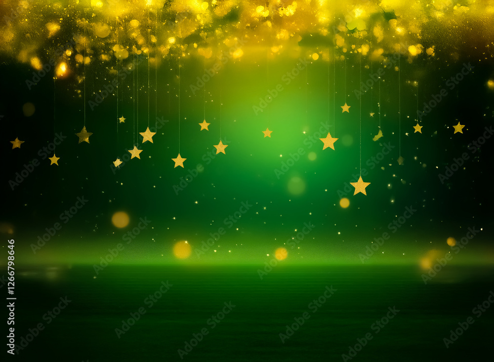 Poster vibrant green background illuminated by golden bokeh. descending star shapes and sparkling particles