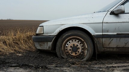Abandoned car with flat tire stuck in mud, symbolizing rural neglect