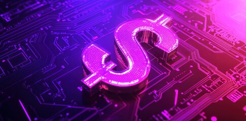 Abstract dollar sign in purple neon light on a circuit board background with a digital technology concept
