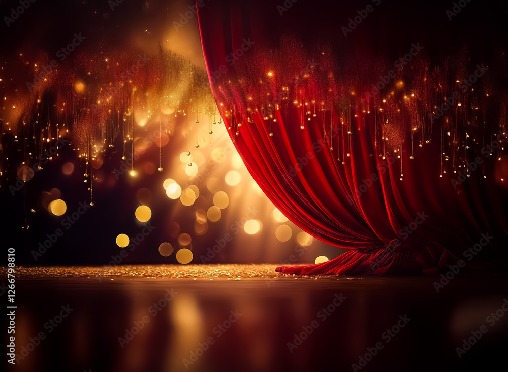 Poster red velvet curtain partially open on a stage with golden bokeh lights, creating a glamorous, dramati