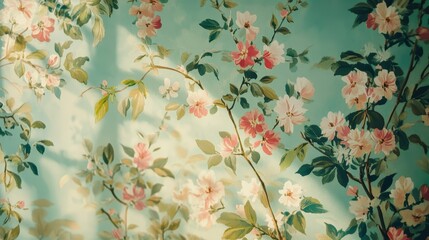 A blue floral wallpaper with pink flowers