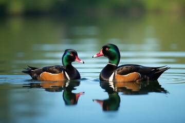Obraz premium Two spot-billed ducks swim calmly on a serene lake , ducks swimming, water birds, nature photography
