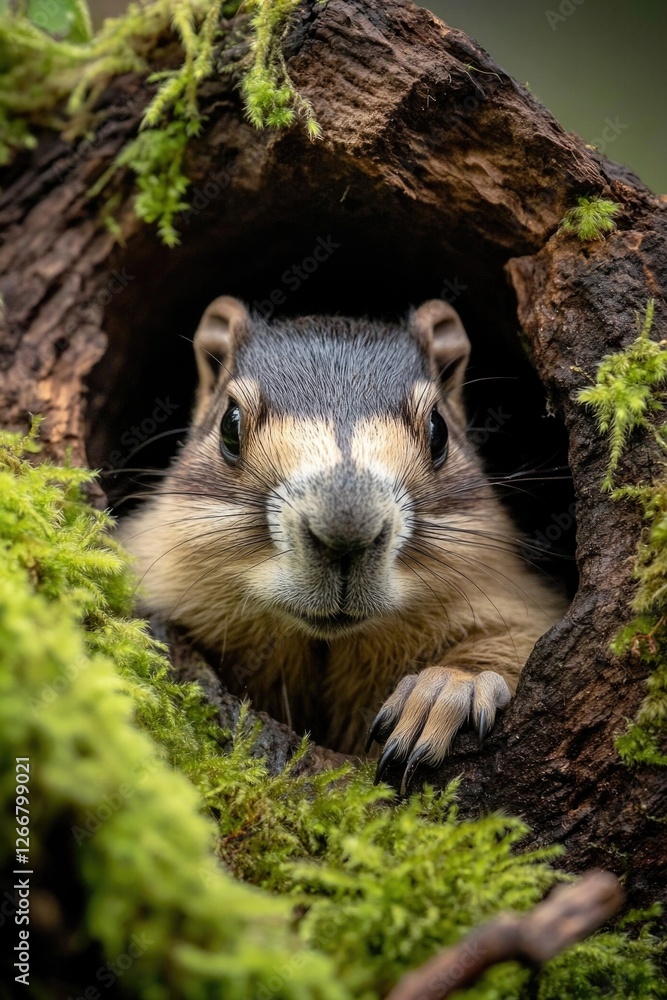 Aufkleber a curious squirrel looking out from its cozy tree hole