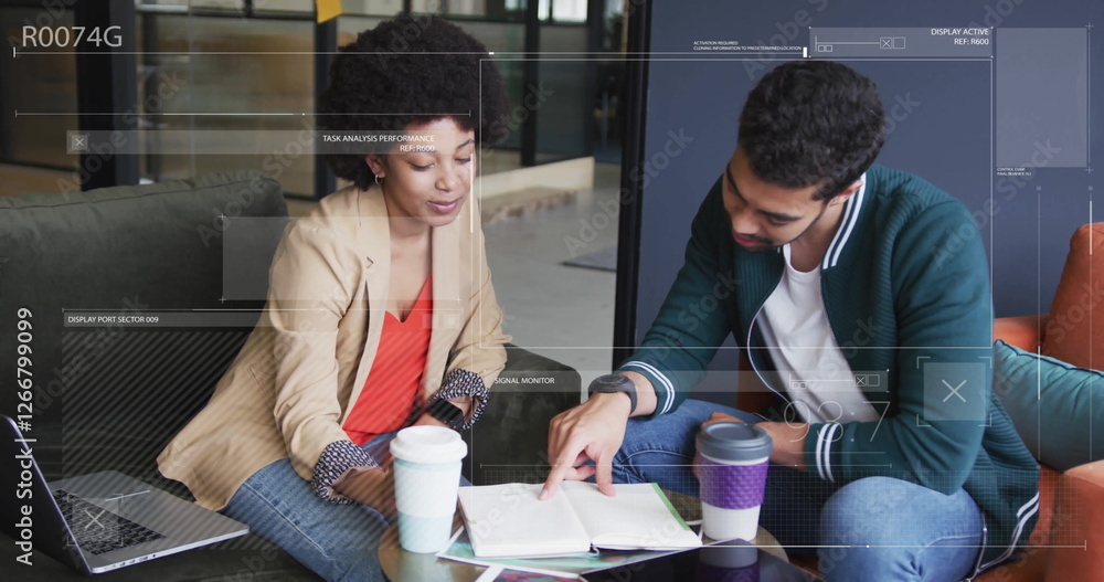 Poster image of data processing and digital screens over diverse colleagues discussing work in office