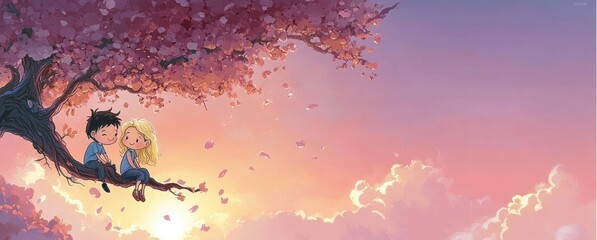 Children Sitting on a Tree Branch with Cat in a Colorful Cartoon Style