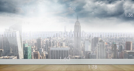 Image of data processing and diagram over cityscape