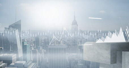 Image of data processing and diagrams over cityscape