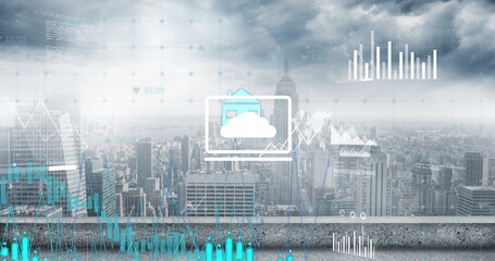 Image of business icons and diagrams over cityscape