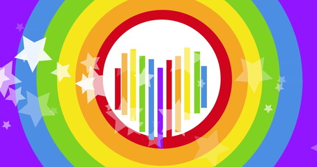 Image of floating stars over heart on rainbow background