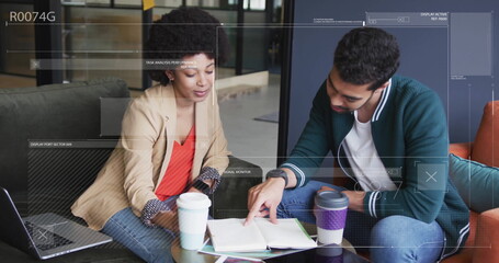Image of data processing and digital screens over diverse colleagues discussing work in office