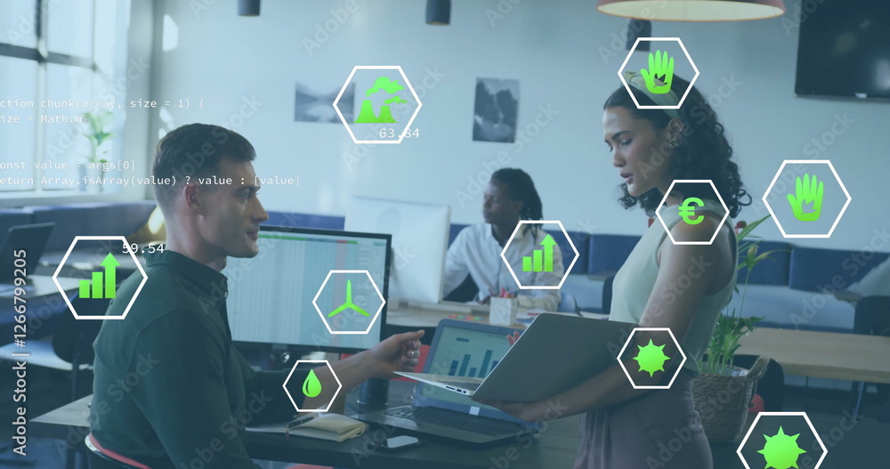 Aufkleber image of ecology icons and data processing over diverse colleagues discussing work in office