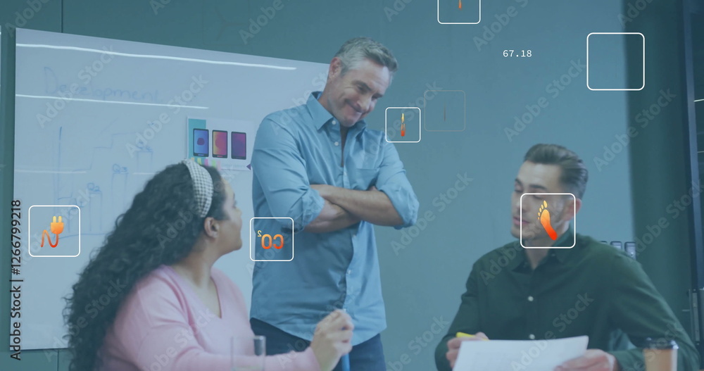 Poster image of ecology icons and data processing over diverse colleagues discussing work in office