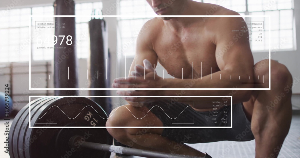 Poster image of diagrams and data processing over caucasian strongman at gym