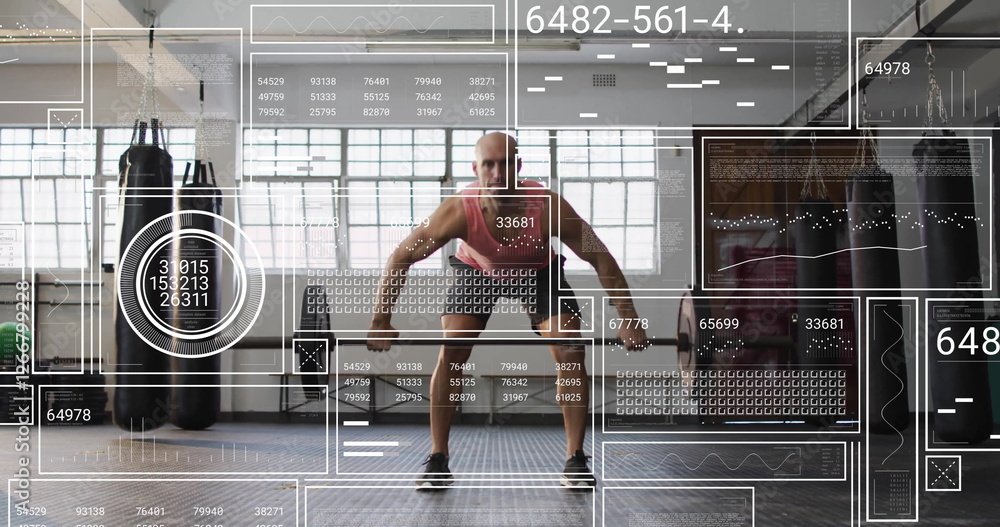 Poster image of diagrams and data processing over caucasian strongman lifting weight bar