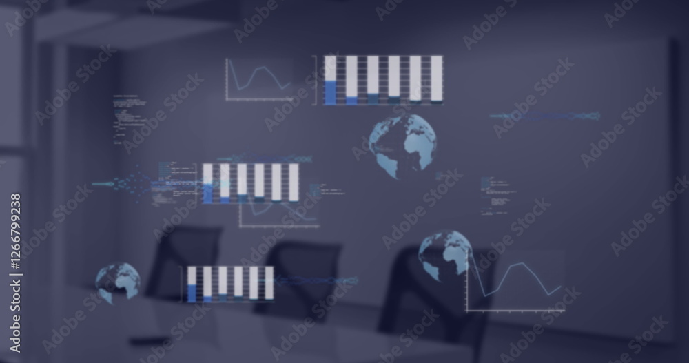 Poster image of financial data processing over empty room in office