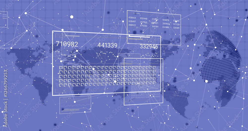 Aufkleber image of statistics and digital data processing with world map over purple background