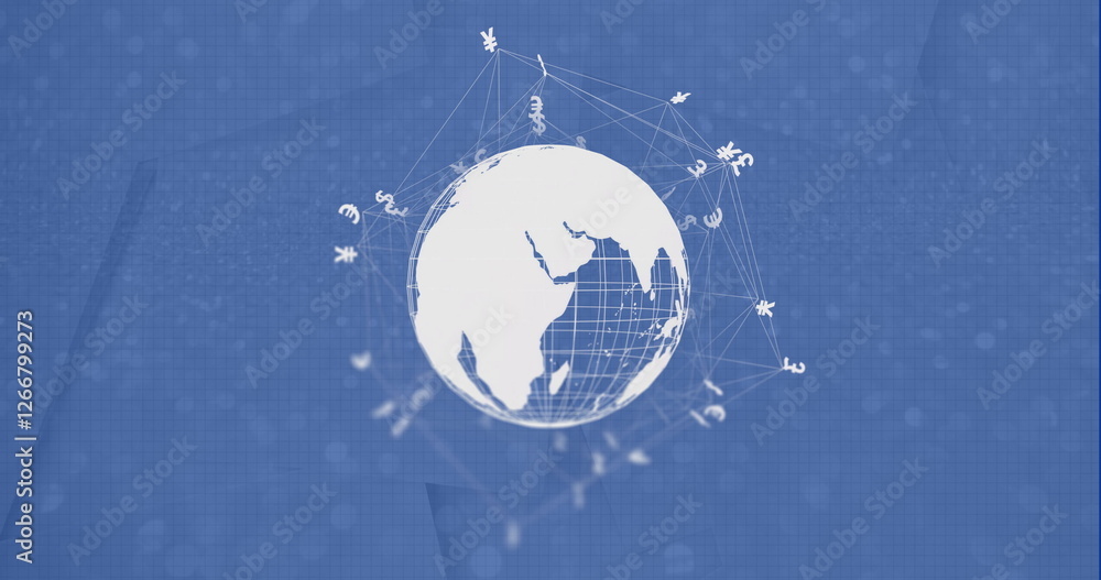 Poster image of globe with currency icons and data processing over blue background