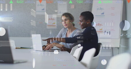 Image of data processing over diverse female colleagues using laptop in office