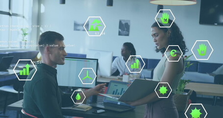 Image of ecology icons and data processing over diverse colleagues discussing work in office