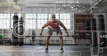 Image of diagrams and data processing over caucasian strongman lifting weight bar