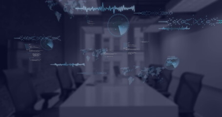 Image of financial data processing over empty room in office