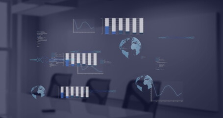 Image of financial data processing over empty room in office